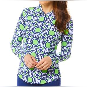 IBKUL CLASSIC KEY GREEN & NAVY Long Sleeve Mock Neck Golf Shirt Medium